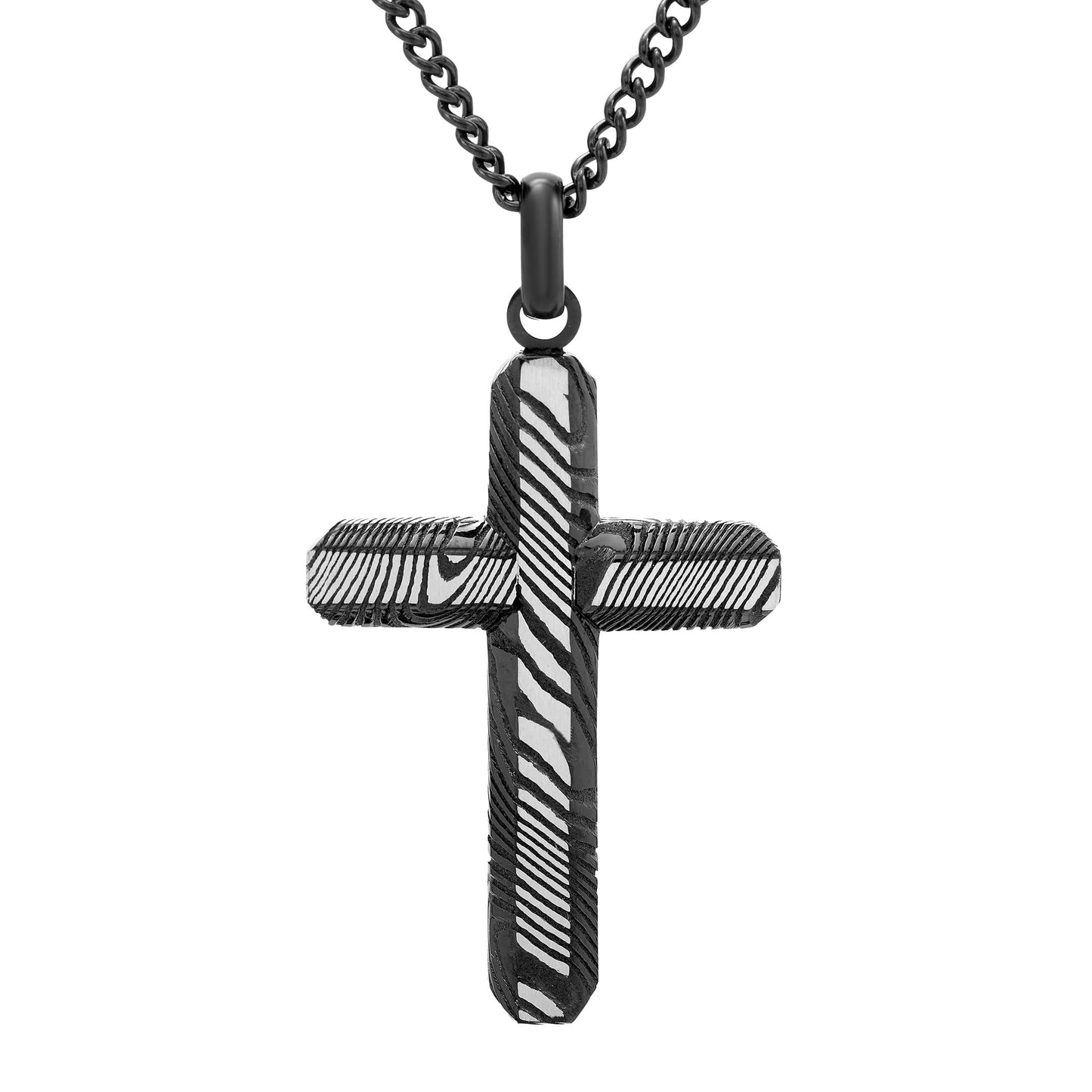 Cross pendant in IP Black Damascus Steel with 24" Curb Chain