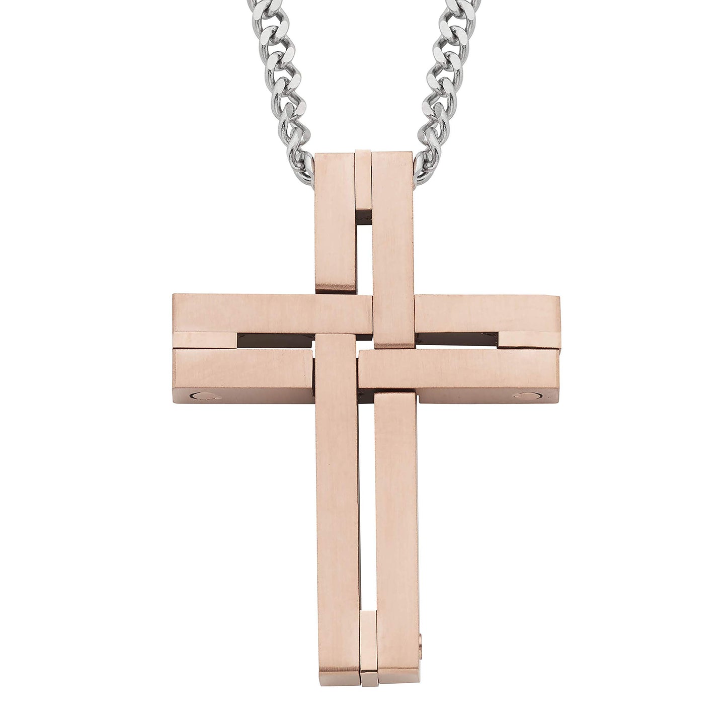 Woven Cross Pendant in IP Rose Stainless Steel with 24" Curb Chain