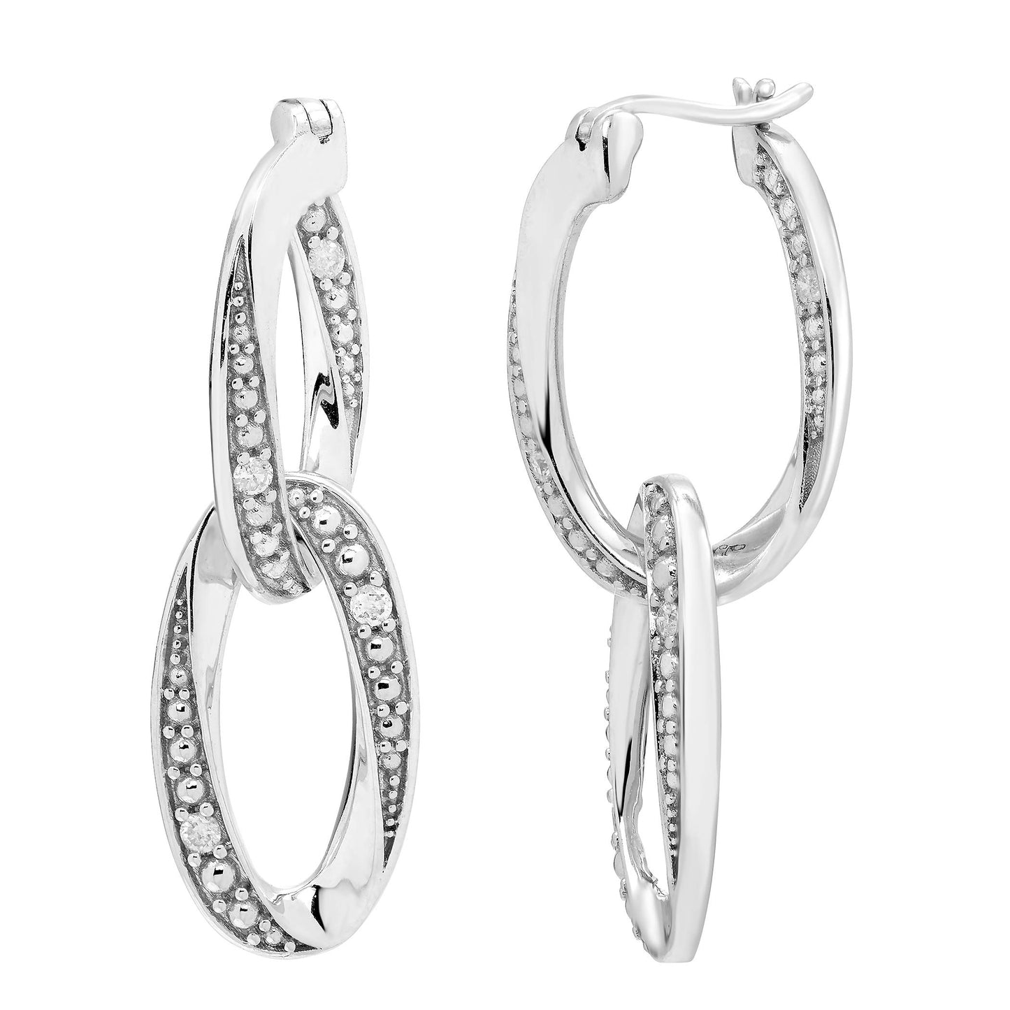 Sterling Silver 1/10cttw Genuine Diamond Curb Chain Link Door-Knock Drop Hoop Earrings