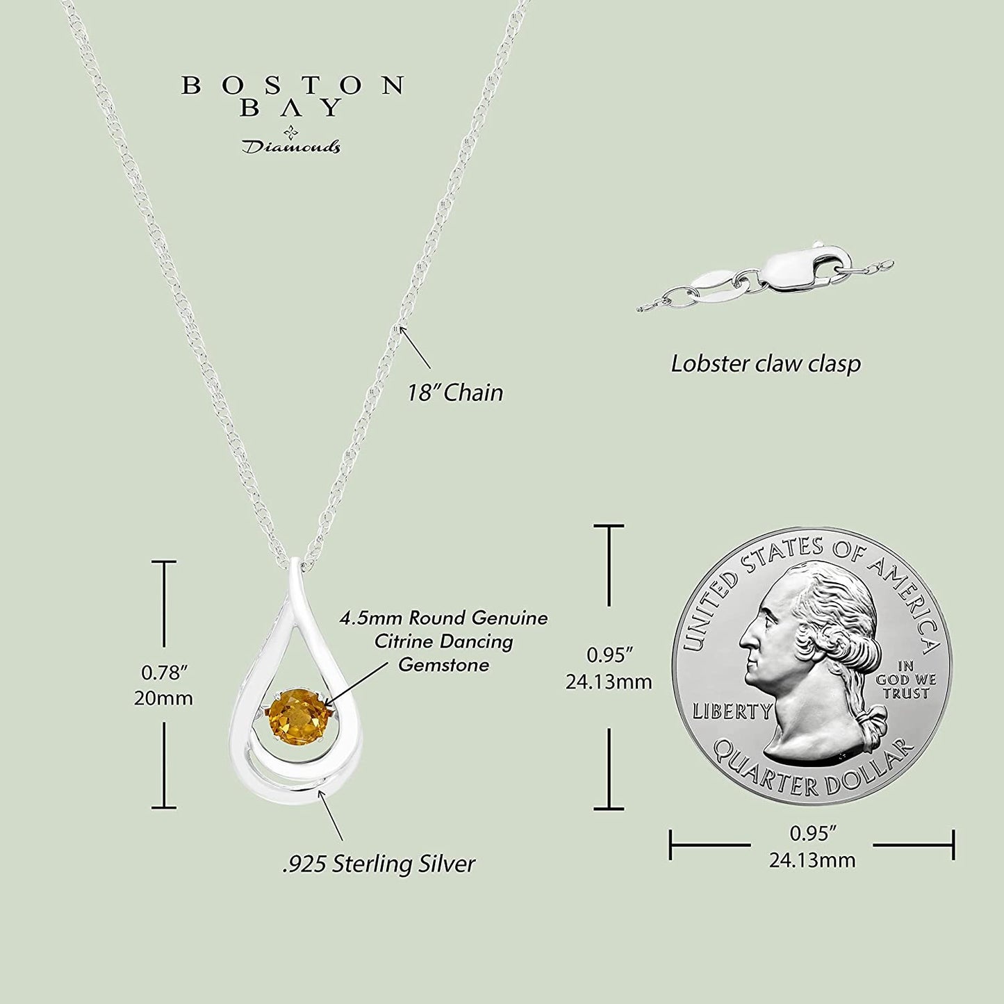 Genuine 4.5mm Citrine Dancing Gemstone Teardrop Pendant in Sterling Silver