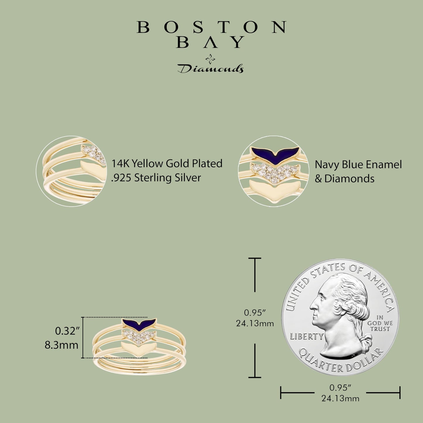 Diamond & Enamel 3 Ring Stack in 14K Yellow Gold Plated Sterling Silver