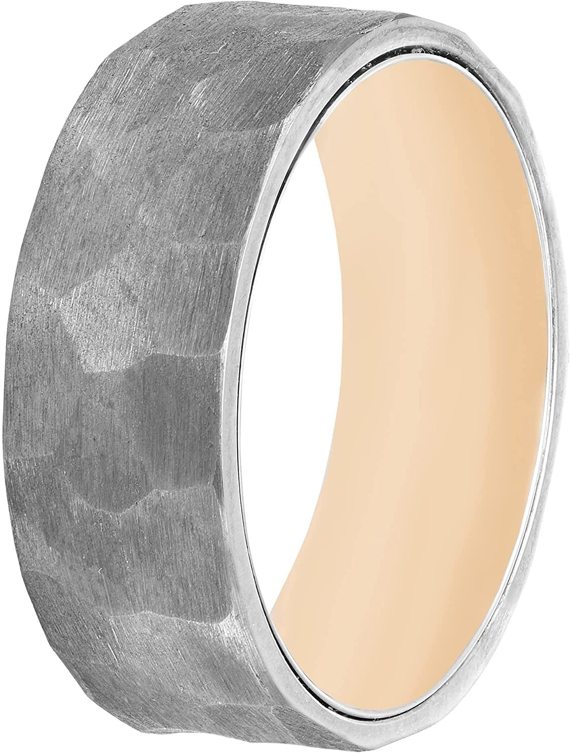 Tantalum 8mm Hammered Texture & Ion Plated Rose Stainless Steel Band Ring