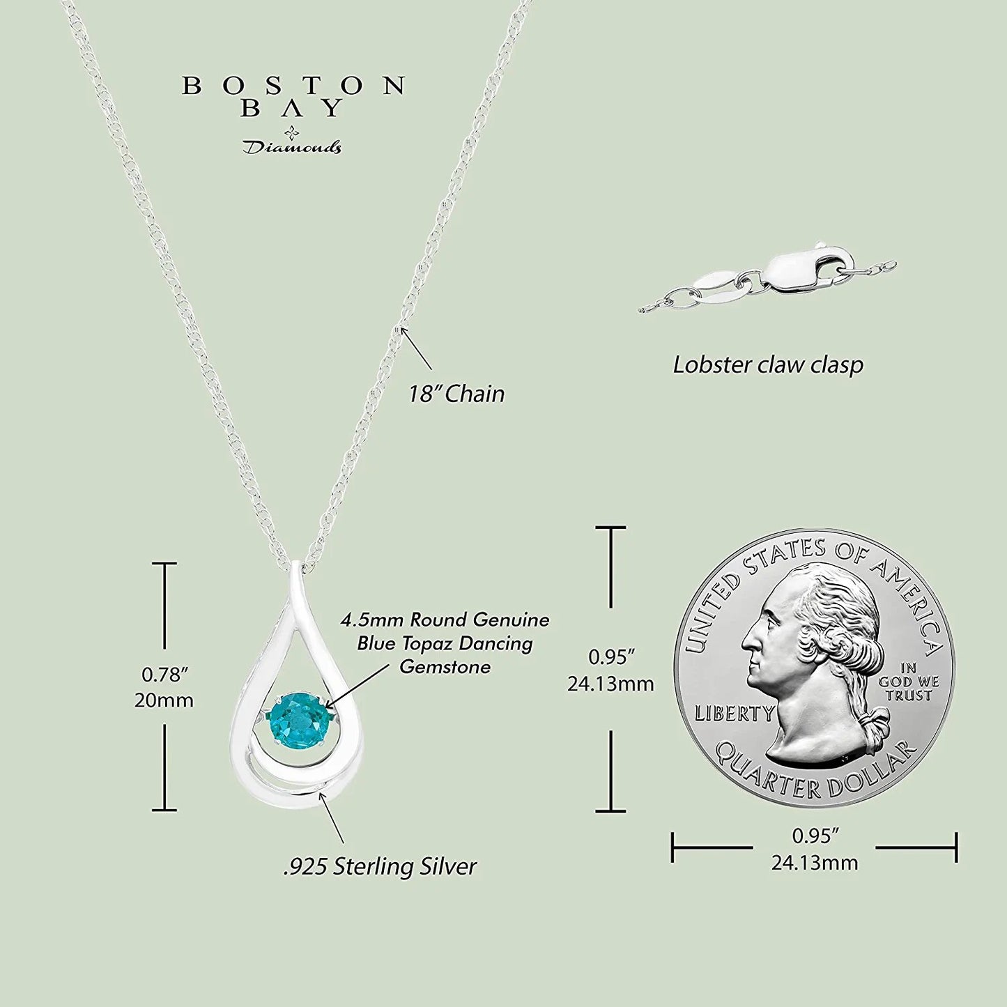 Genuine 4.5mm Blue Topaz Dancing Gemstone Teardrop Pendant in Sterling Silver