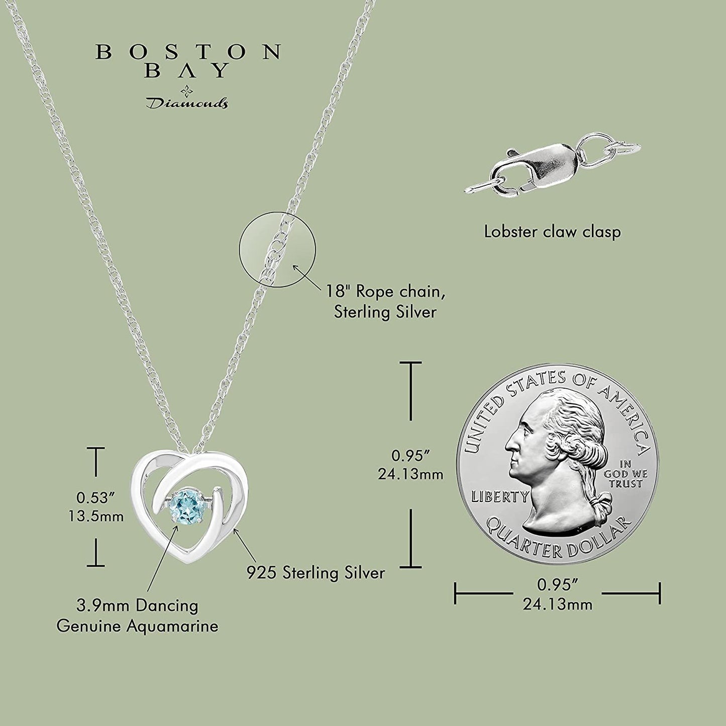 Genuine Aquamarine Dancing Gemstone Heart Pendant in Sterling Silver