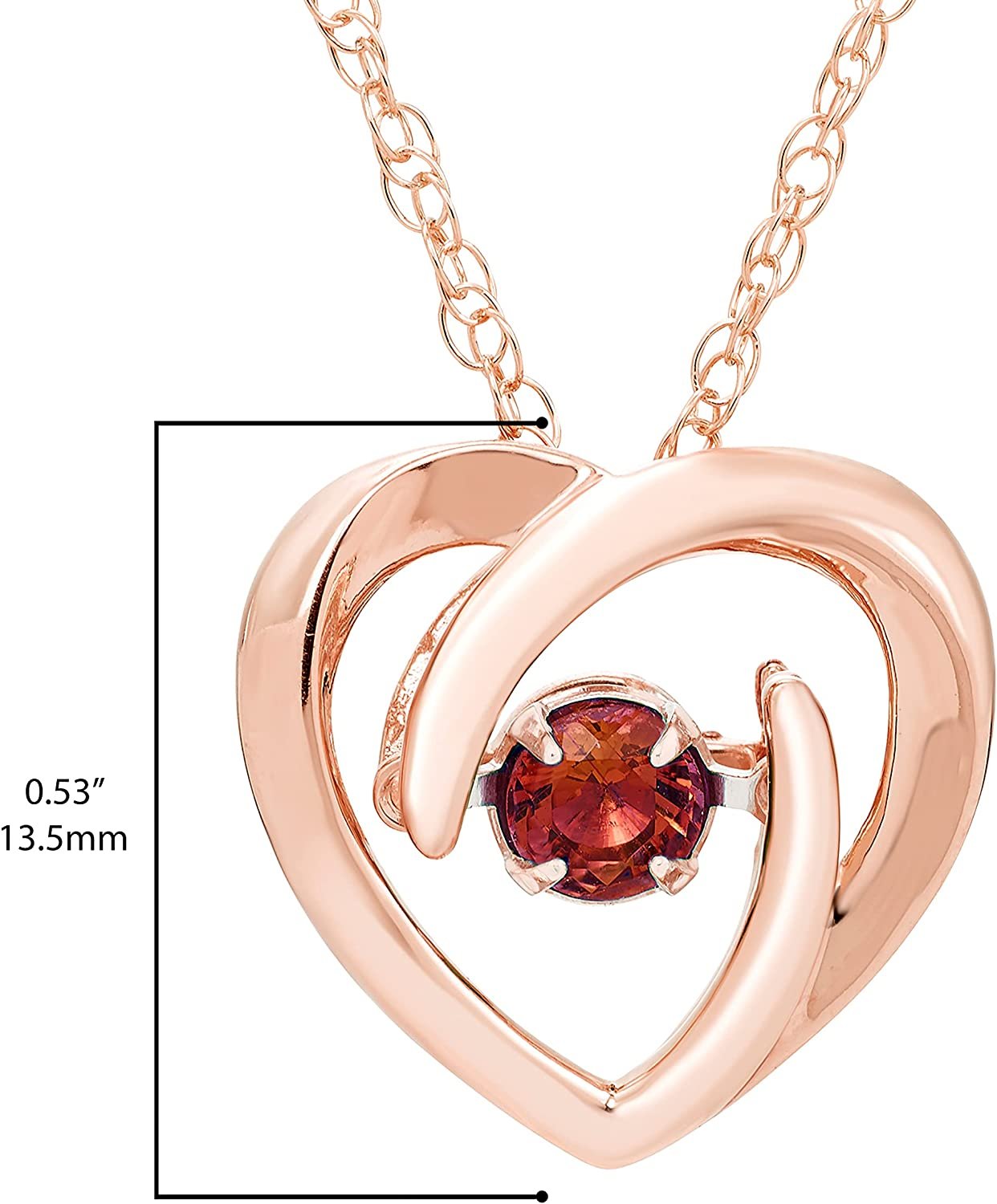 Genuine Garnet Dancing Gemstone Heart Pendant in 14K Rose Gold Sterling Silver