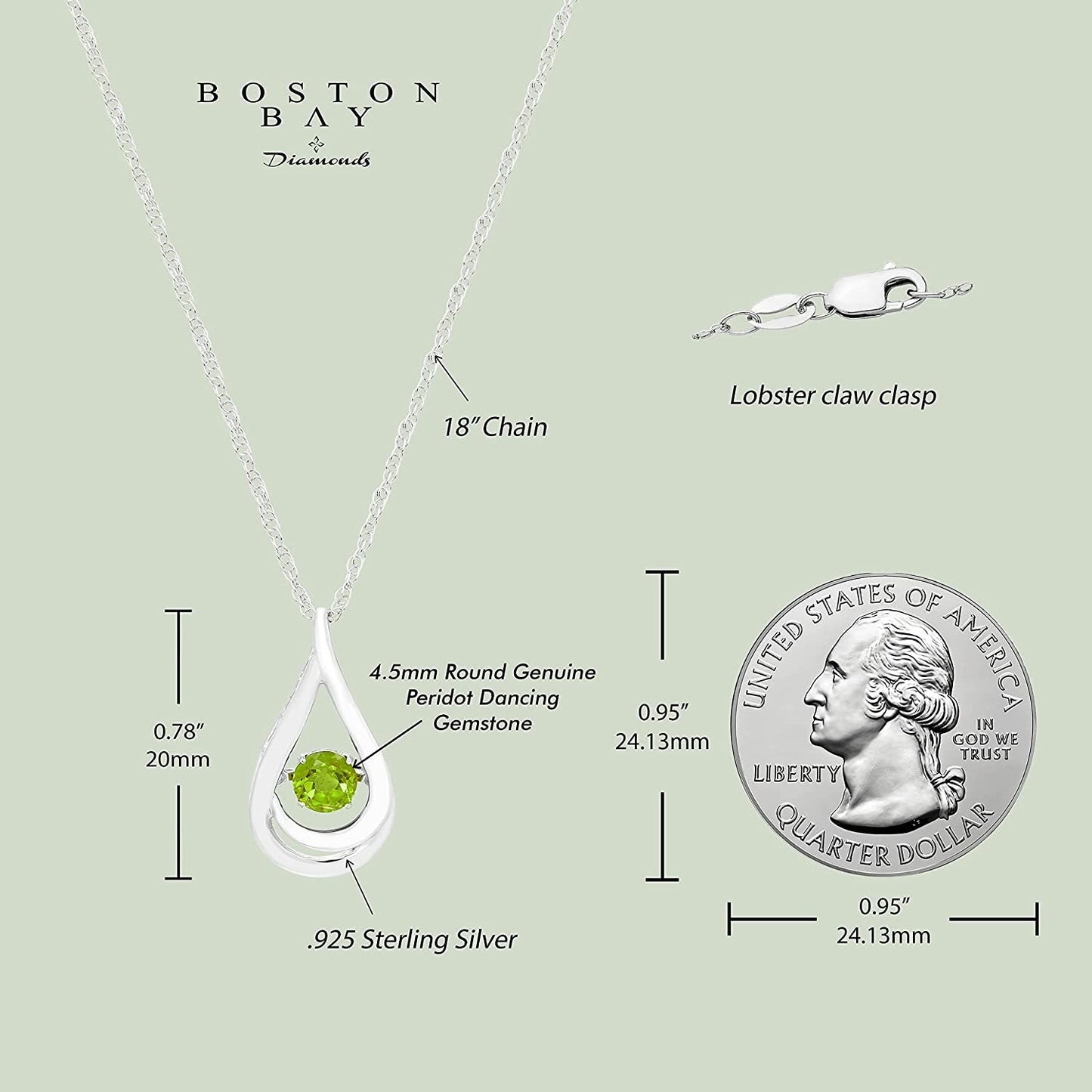 Genuine 4.5mm Peridot Dancing Gemstone Teardrop Pendant in Sterling Silver
