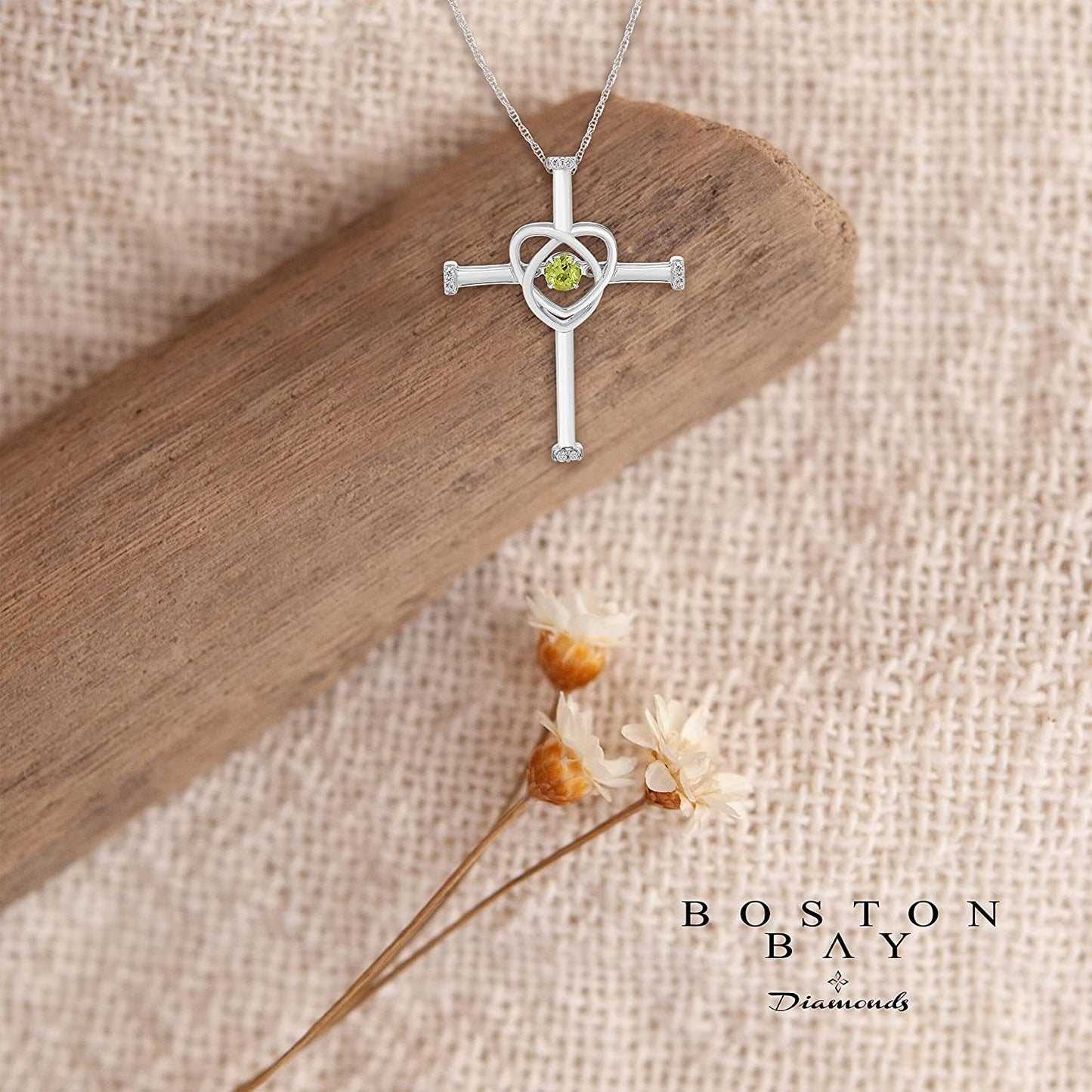 Genuine Peridot Dancing Gemstone & Genuine Diamond Cross Pendant in Sterling Silver