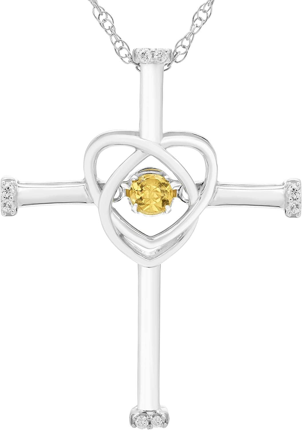 Genuine Citrine Dancing Gemstone & Genuine Diamond Cross Pendant in Sterling Silver
