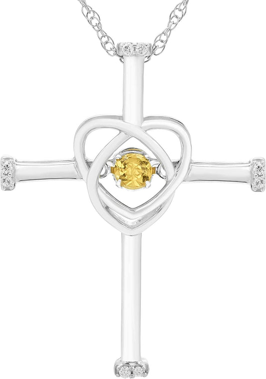 Genuine Citrine Dancing Gemstone & Genuine Diamond Cross Pendant in Sterling Silver
