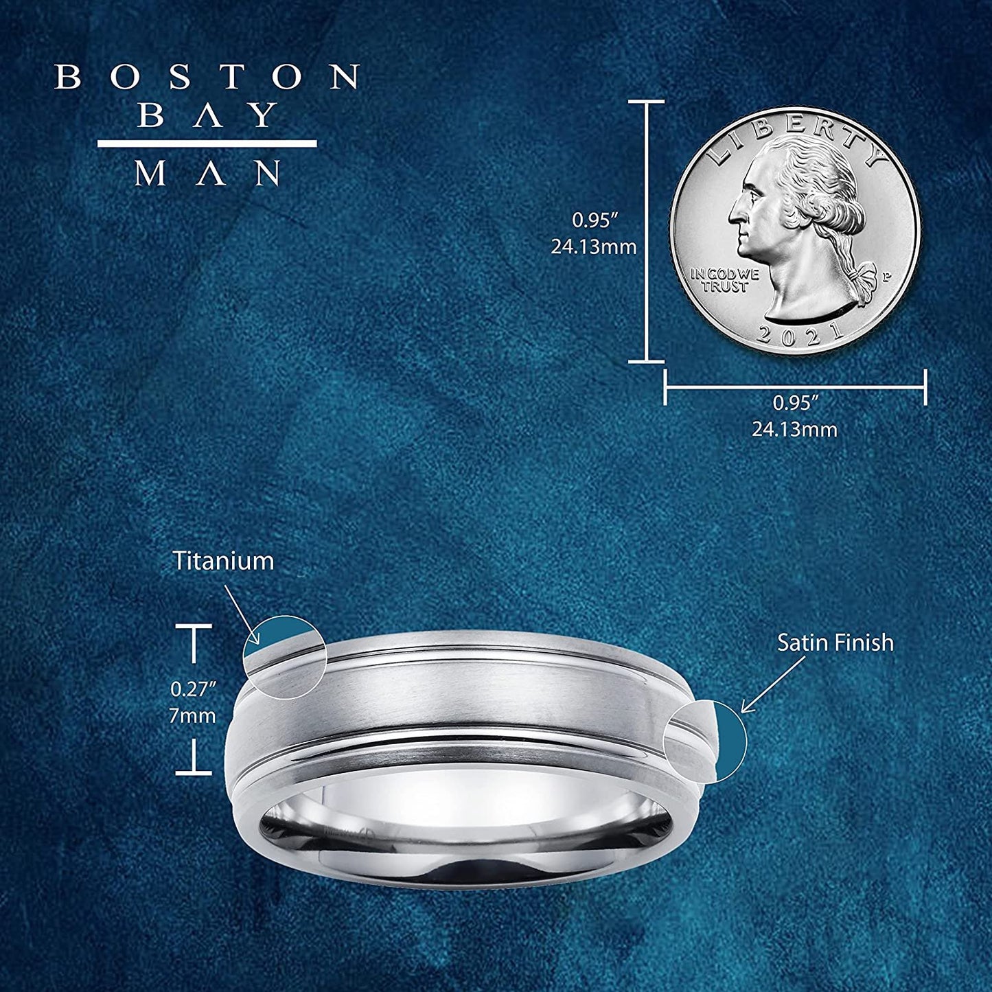 Titanium 7mm Fashion or Wedding Band Ring with Brushed Satin Matte High-Polish Double Channel Accent