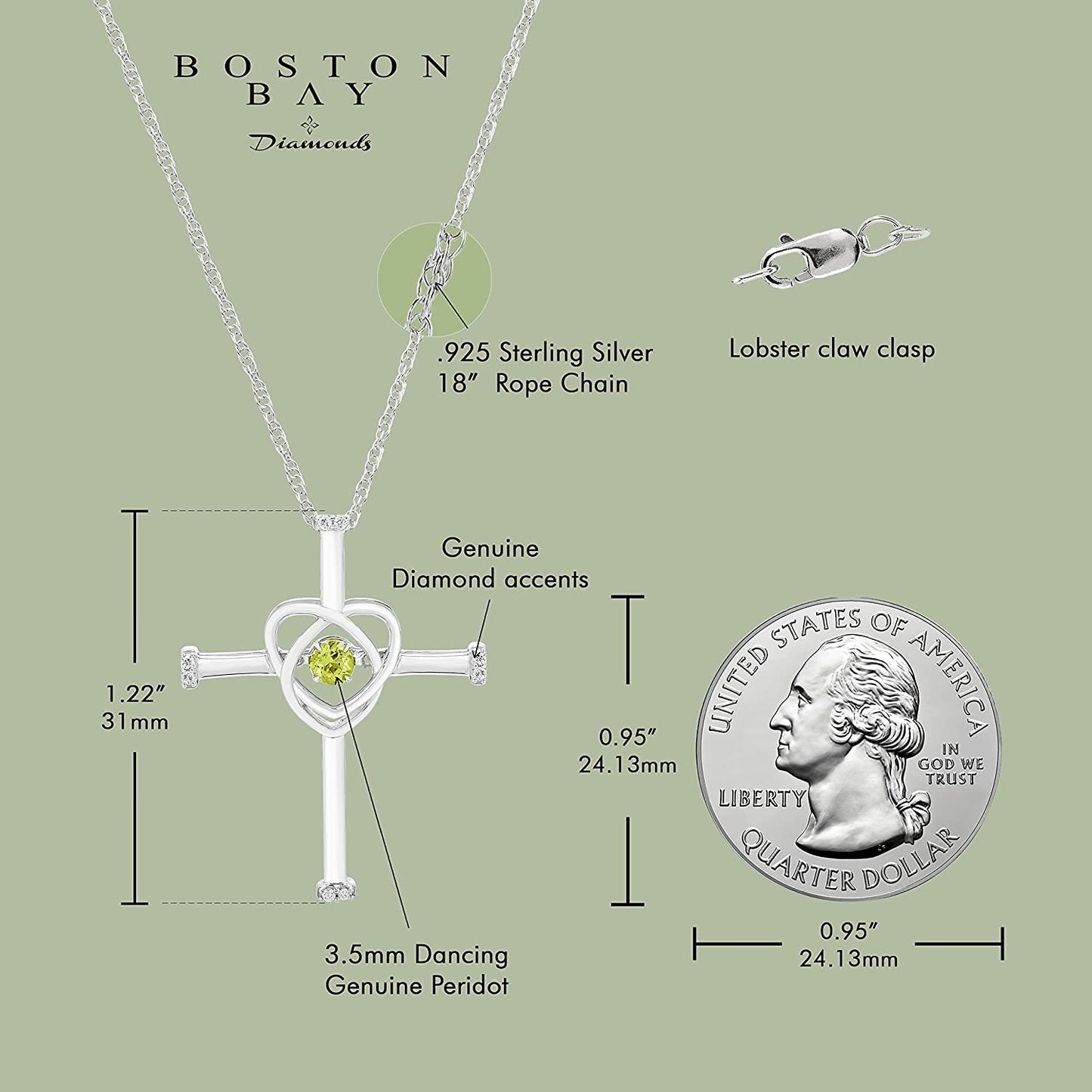 Genuine Peridot Dancing Gemstone & Genuine Diamond Cross Pendant in Sterling Silver