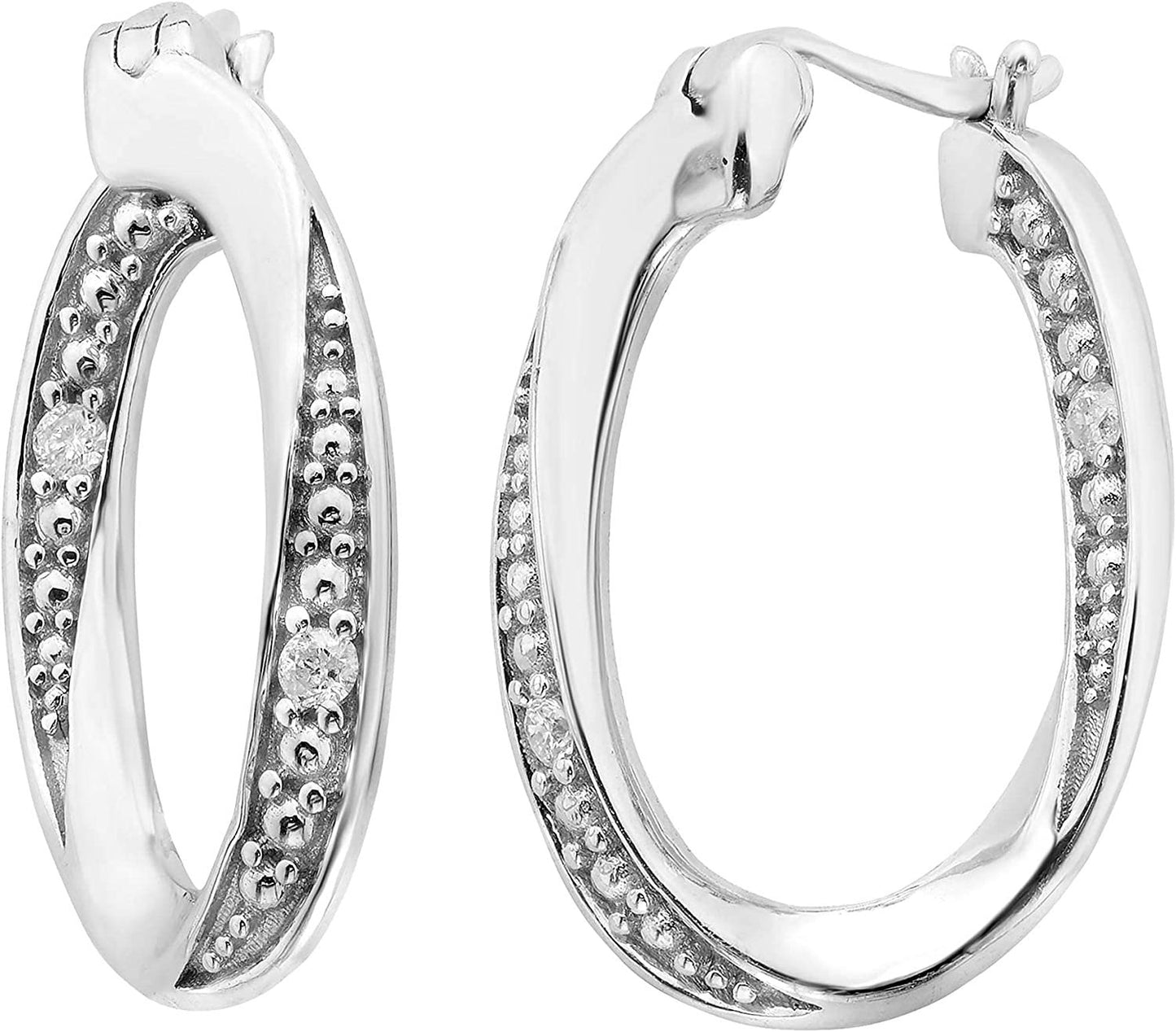 Sterling Silver 1/10cttw Genuine Diamond Curb Chain Link Door-Knock Drop Hoop Earrings