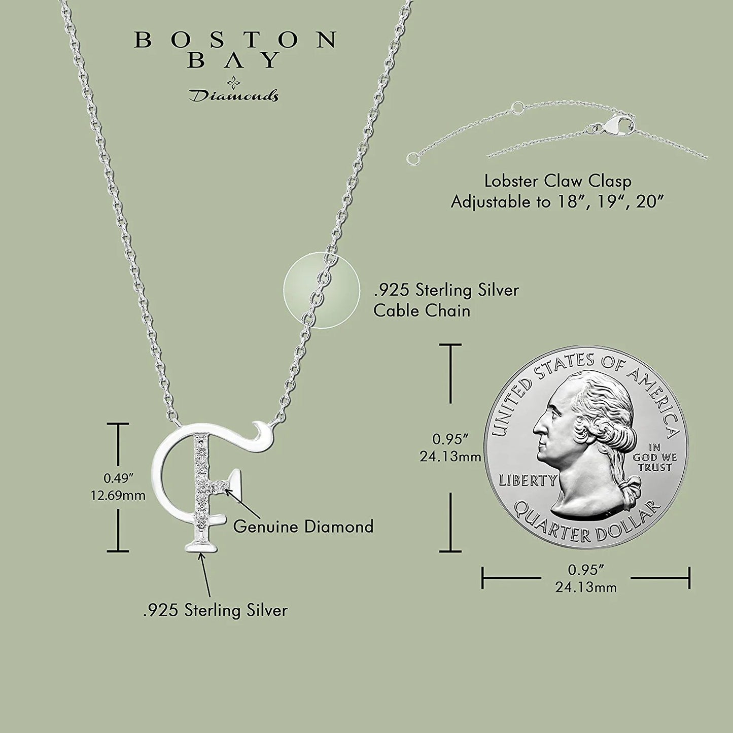Diamond Initial Necklace, Adjustable 18”-20” in Sterling Silver - Choice of Letter