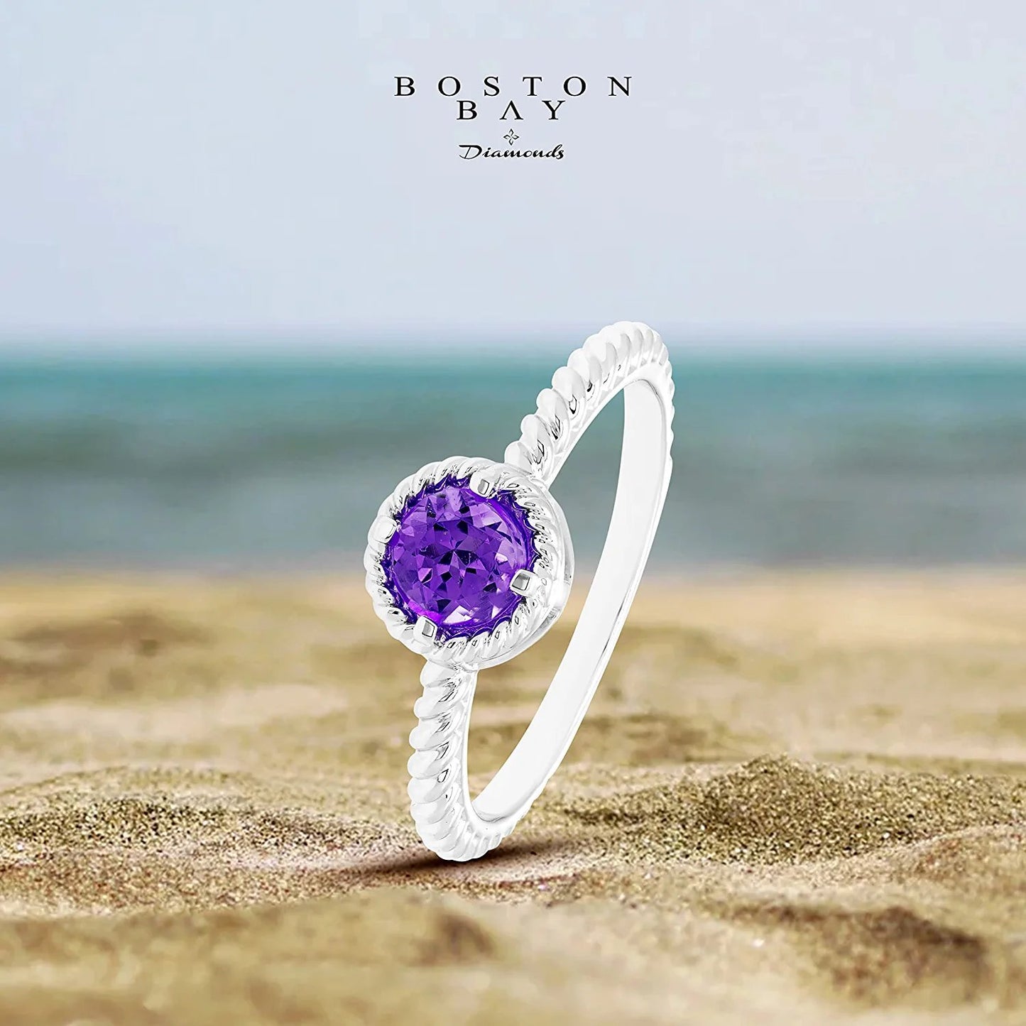 Genuine Amethyst Gemstone Rope Halo Solitaire Stacking Ring in Sterling Silver