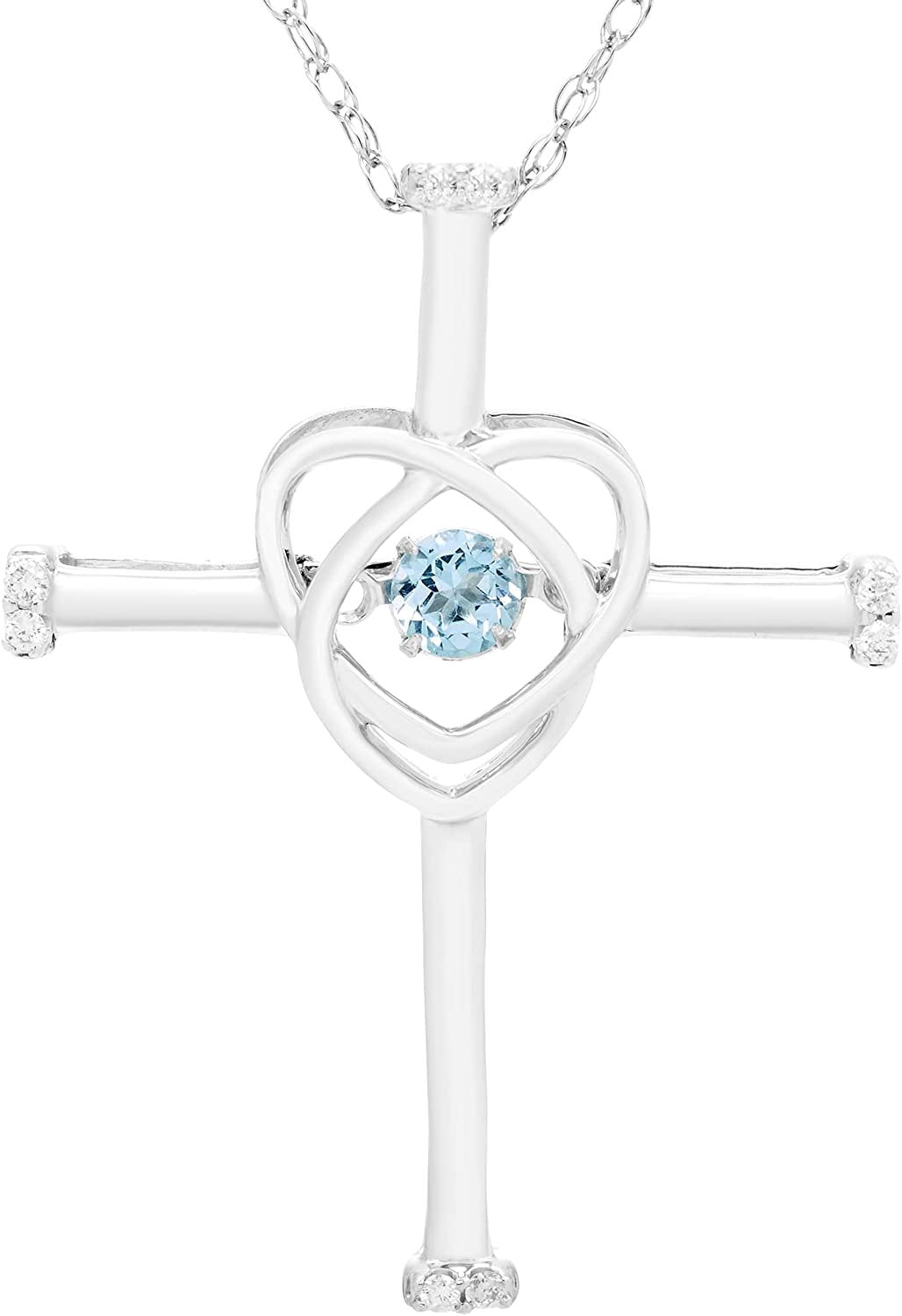 Genuine Blue Topaz Dancing Gemstone & Genuine Diamond Cross Pendant in Sterling Silver