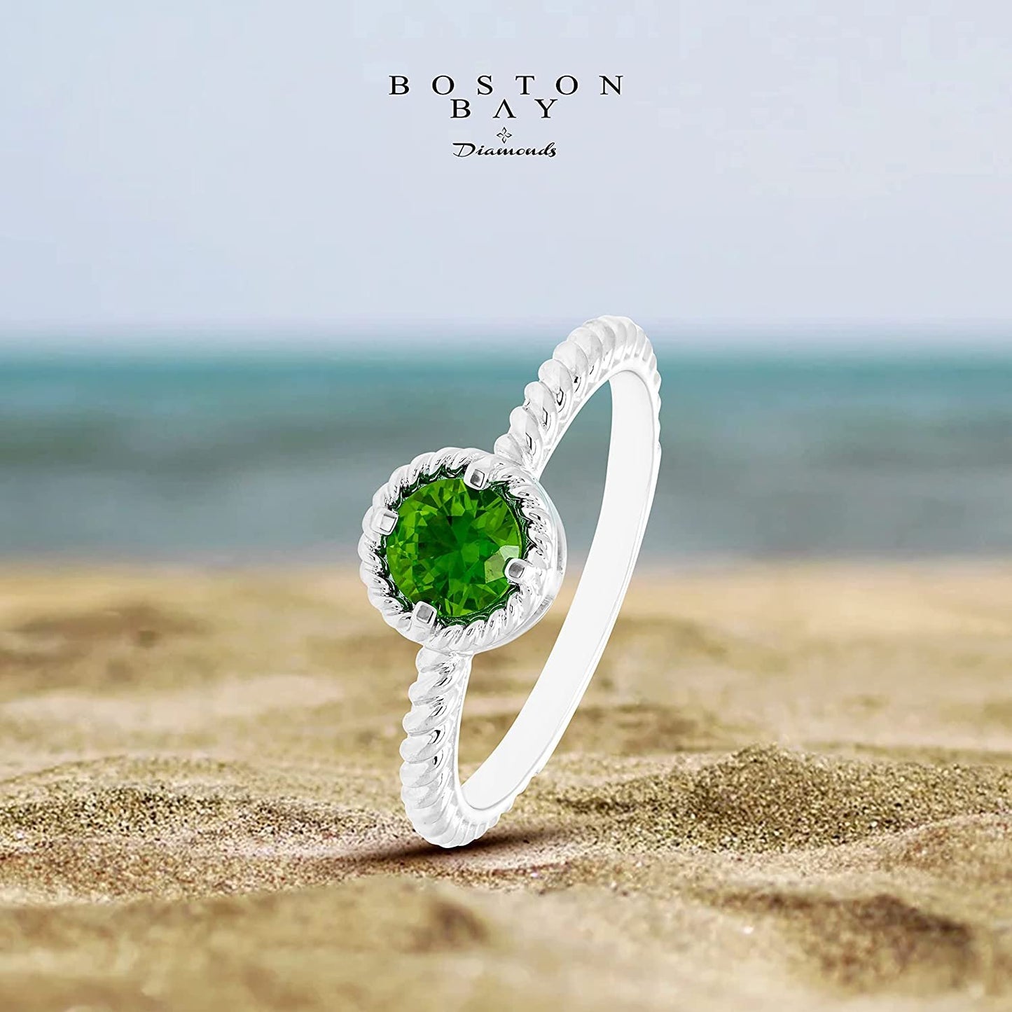 Lab-Grown Emerald Gemstone Rope Halo Solitaire Stacking Ring in Sterling Silver
