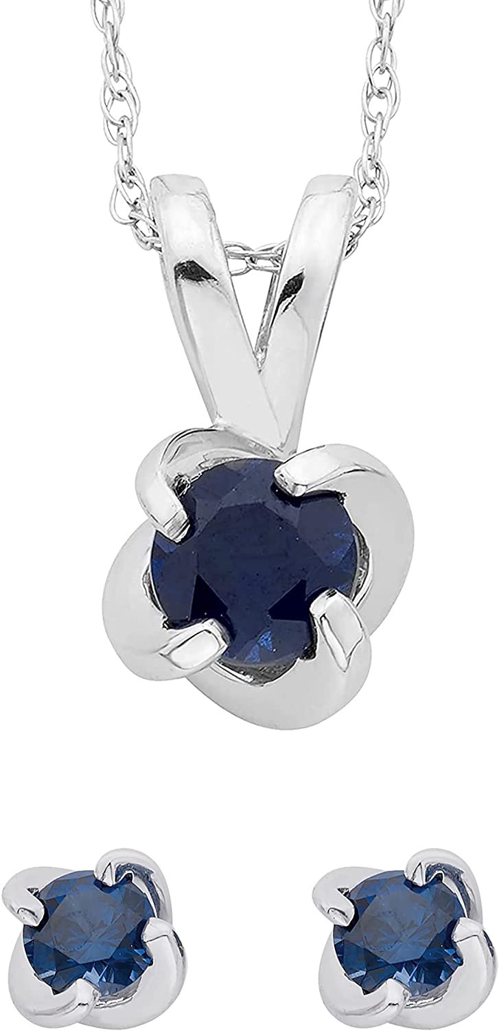 Sterling Silver Lab-Grown Blue Sapphire 4-Prong Twist Solitaire Earrings & Pendant Set with Chain