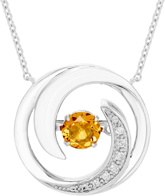 Genuine 4.5mm Citrine Sterling Silver Dancing Gemstone & Genuine Diamond Circle 20" Necklace