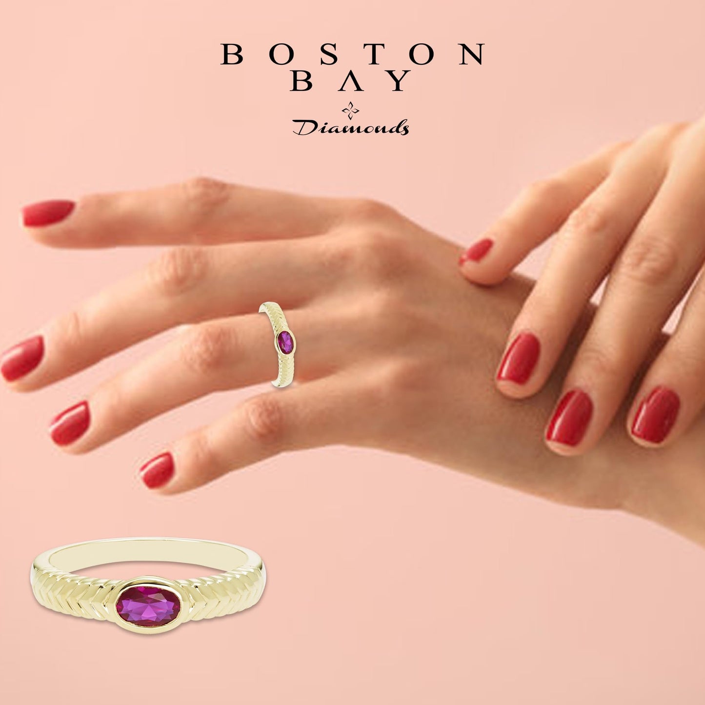 Oval Lab-Grown Ruby Ring in 14K Yellow Gold Plated Sterling Silver