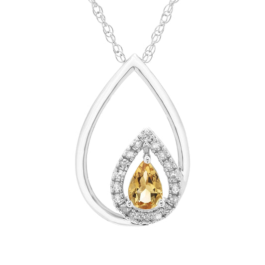 Citrine Pear Cut & 1/8cttw Diamond Double Teardrop Pendant Necklace in .925 Sterling Silver with 18" Rope Chain