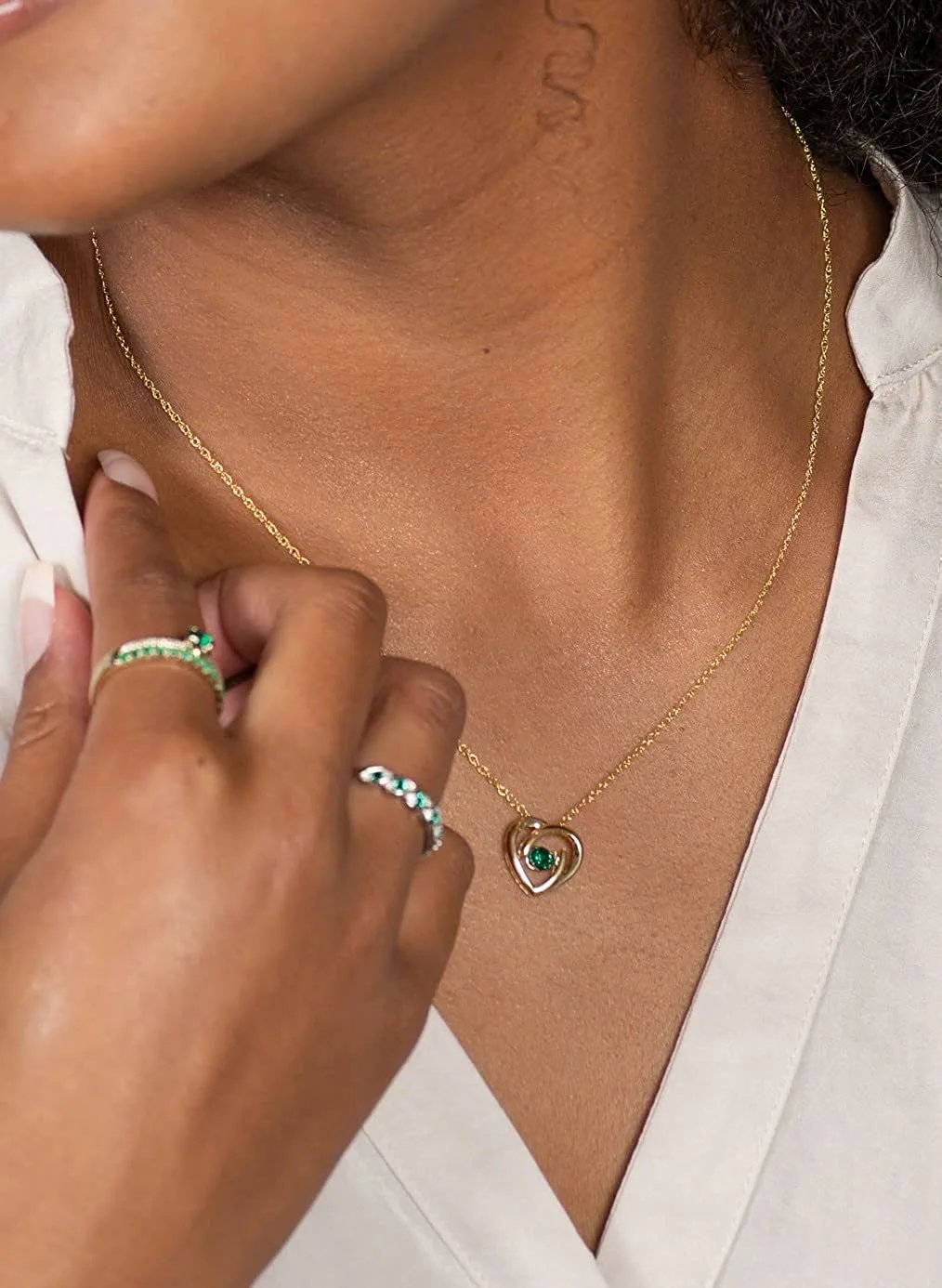 Lab-Grown Emerald Dancing Gemstone Heart Pendant in 14K Yellow Gold Sterling Silver
