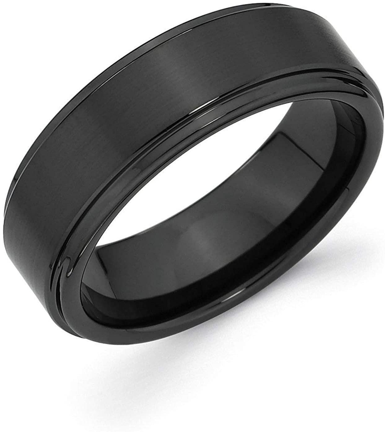 Black Ceramic 7mm Raised Flat Center & Stepped Edge Fashion or Wedding Band Ring