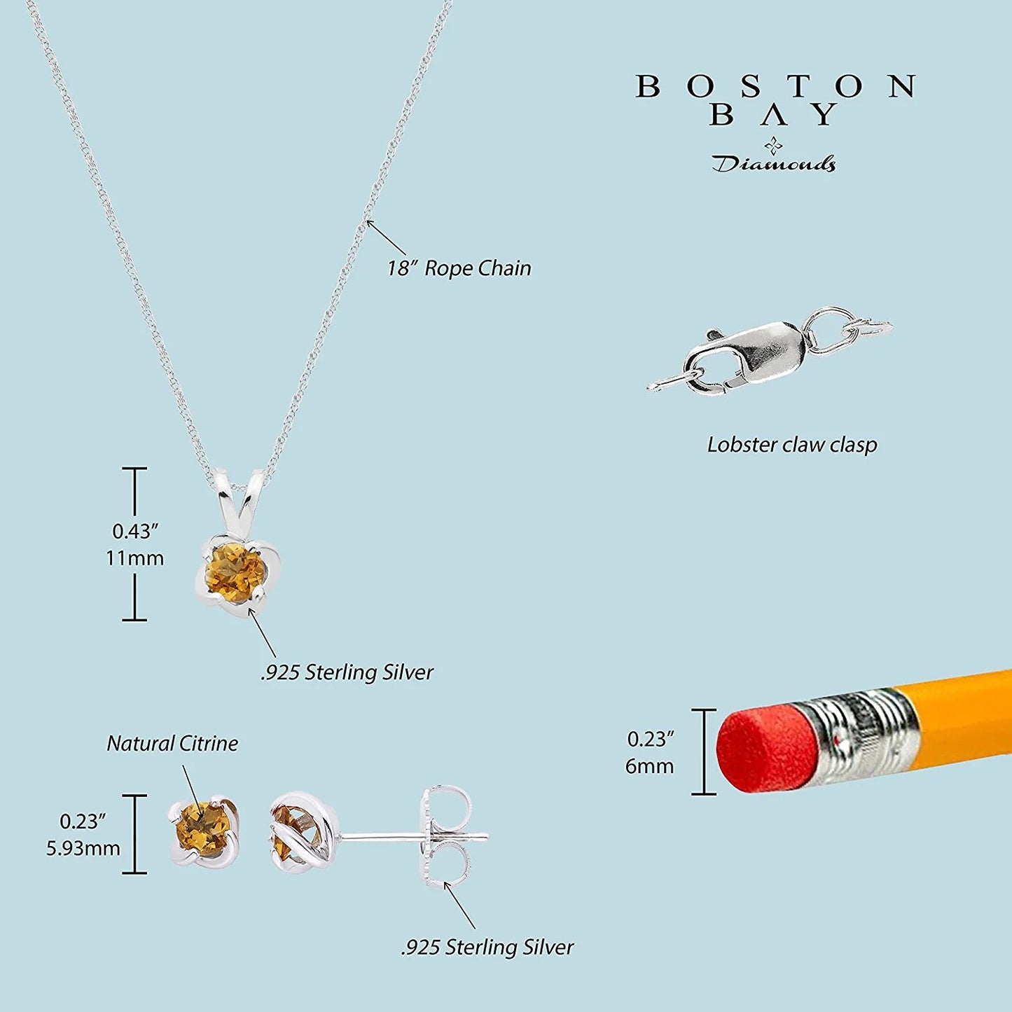Sterling Silver Genuine Citrine 4-Prong Twist Solitaire Earrings & Pendant Set with Chain