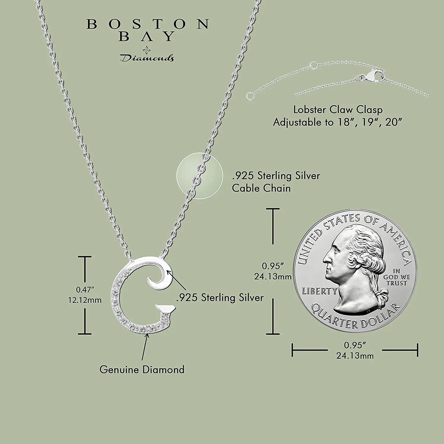 Diamond Initial Necklace, Adjustable 18”-20” in Sterling Silver - Choice of Letter