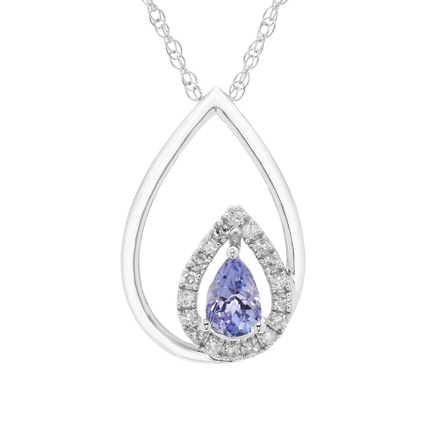 Tanzanite Pear Cut & 1/8cttw Diamond Double Teardrop Pendant Necklace in .925 Sterling Silver with 18" Rope Chain