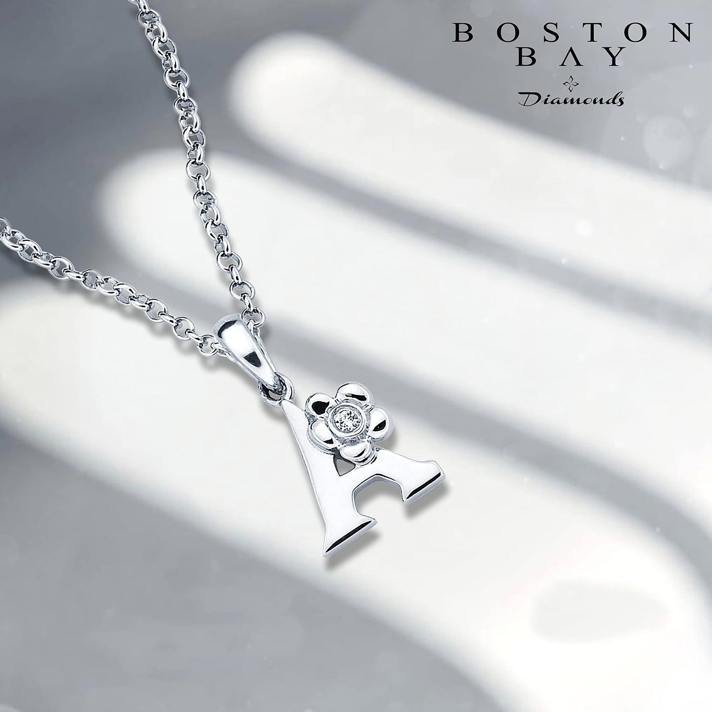 Sterling Silver Diamond Accent Floral Initial Pendant with 14" Rolo Chain & 2" Ext, Choice of Letter