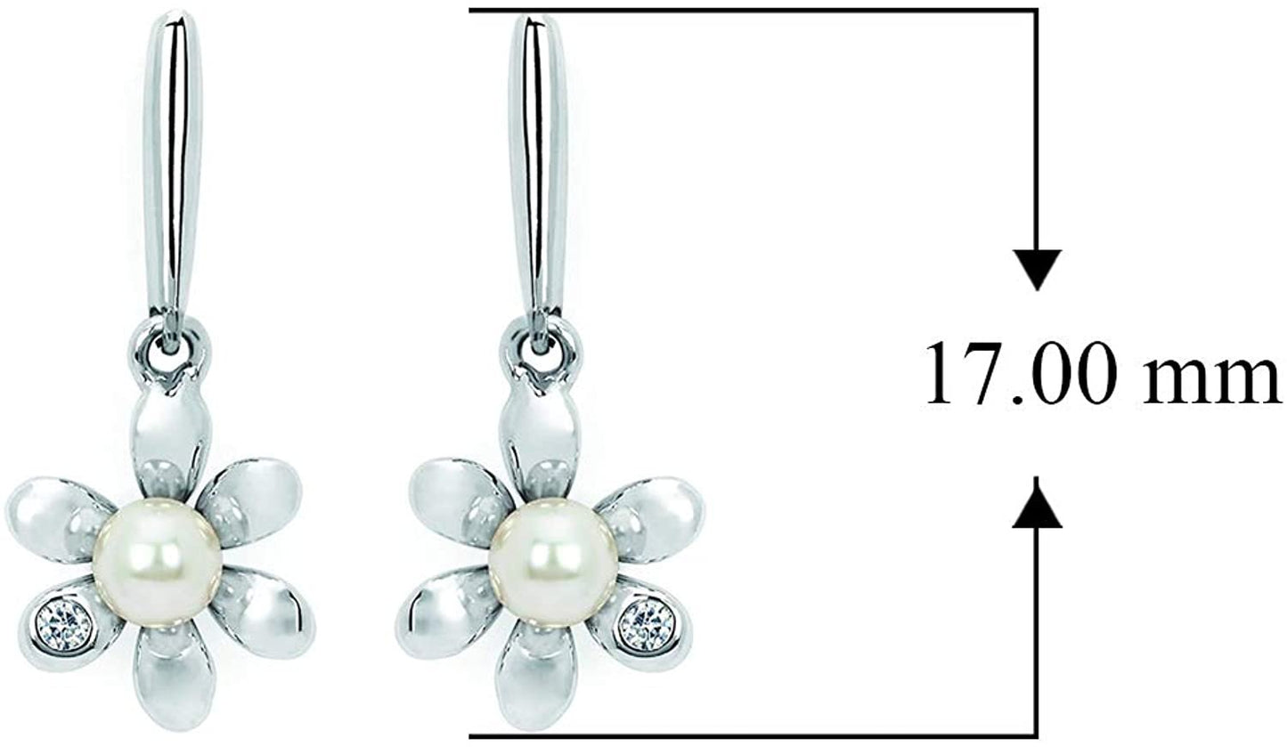 Genuine Diamond & Faux Pearl Children's Flower Drop Earrings in Sterling Silver