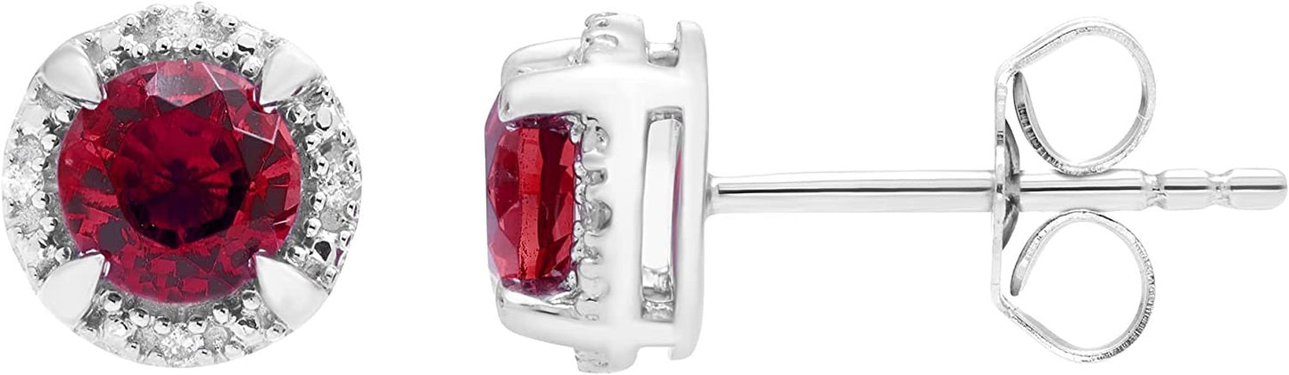 Sterling Silver Lab-Grown Ruby & Genuine Diamond Halo Earrings