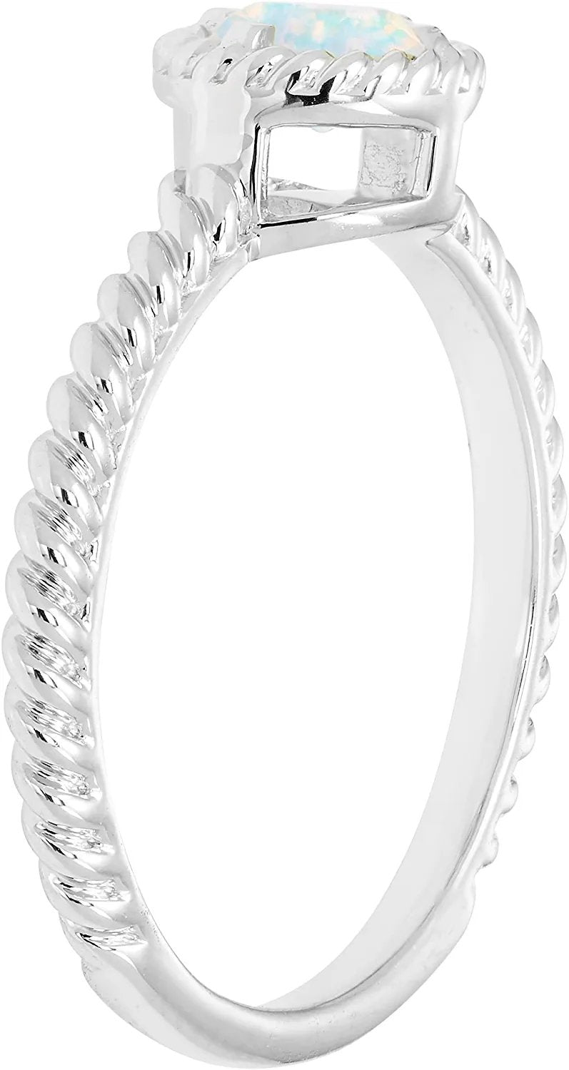 10 October - Solitaire Genuine Opal Gemstone Rope Halo Solitaire Stacking Ring in Sterling Silver