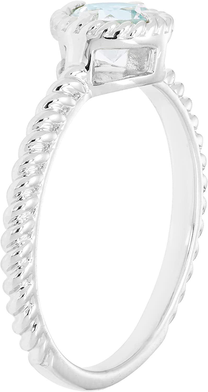 Genuine Aquamarine Gemstone Rope Halo Solitaire Stacking Ring in Sterling Silver