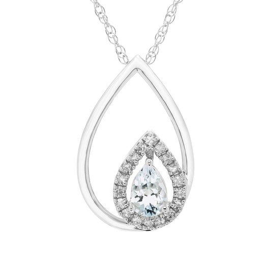 Aquamarine Pear Cut & 1/8cttw Diamond Double Teardrop Pendant Necklace in .925 Sterling Silver with 18" Rope Chain