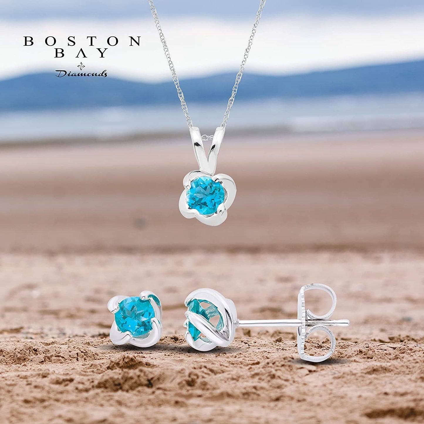 Sterling Silver Genuine Blue Topaz 4-Prong Twist Solitaire Earrings & Pendant Set with Chain