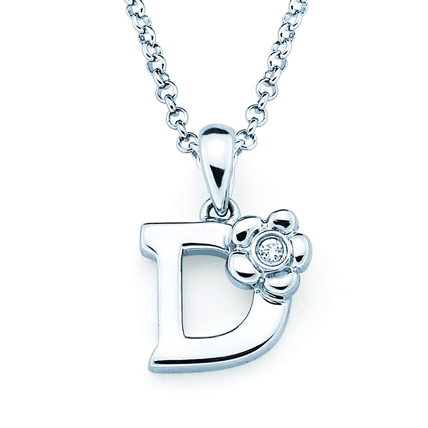 Sterling Silver Diamond Accent Floral Initial Pendant with 14" Rolo Chain & 2" Ext, Choice of Letter