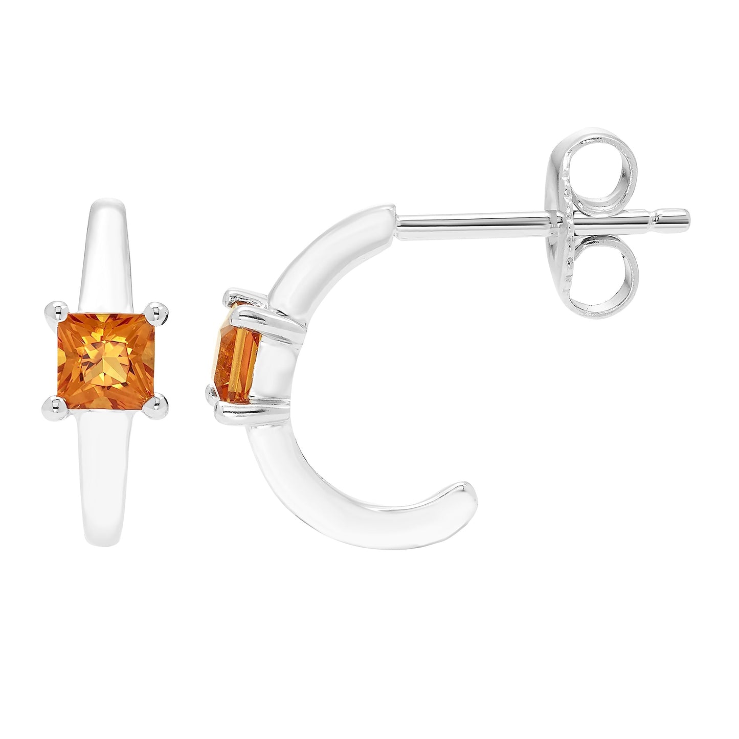 Citrine Princess Cut Half Hoop November Birthstone Earrings in .925 Sterling Silver