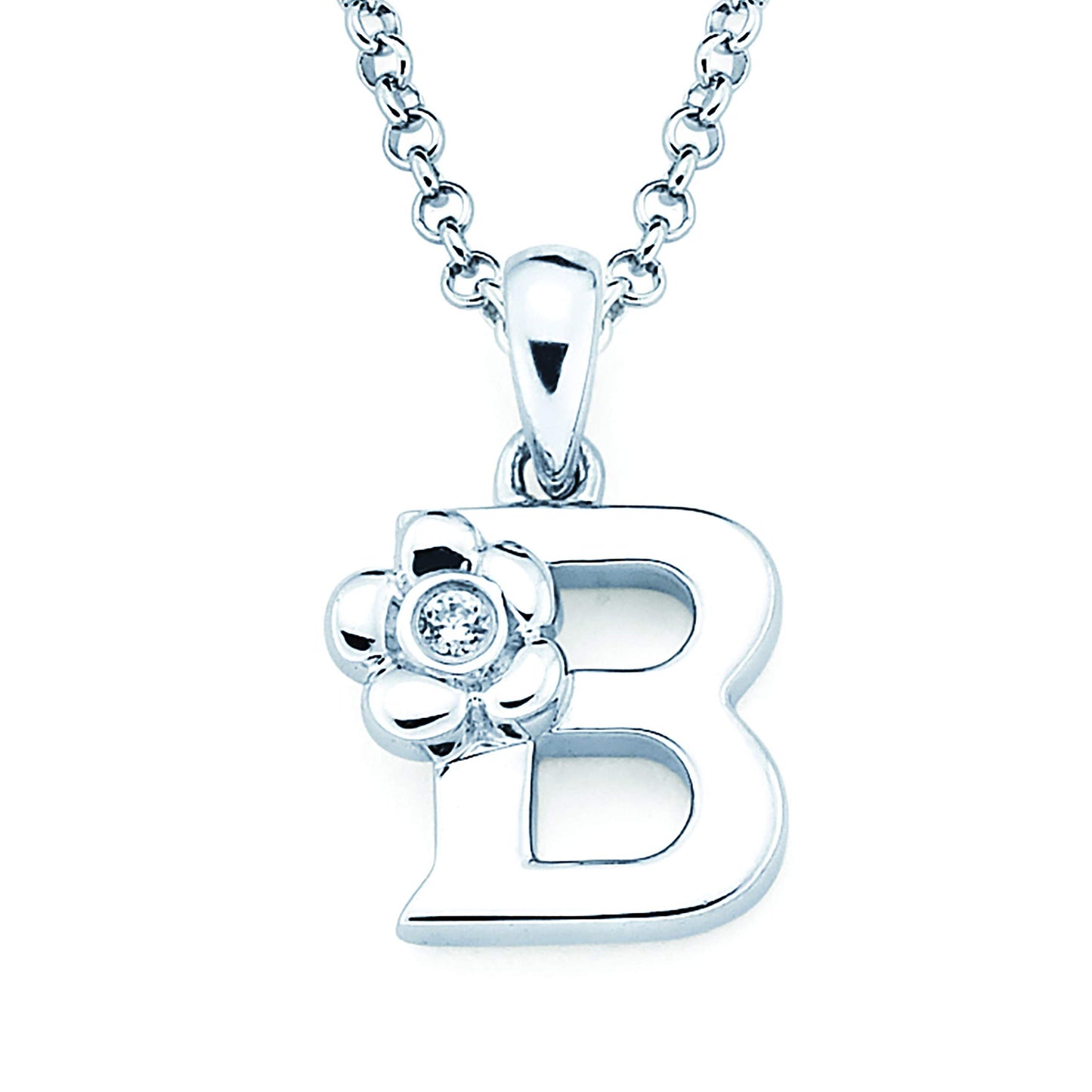 Sterling Silver Diamond Accent Floral Initial Pendant with 14" Rolo Chain & 2" Ext, Choice of Letter