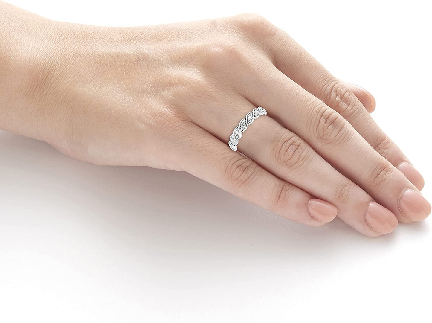 Sterling Silver Lab-Grown White Sapphire & 1/10cttw Genuine Diamond Stacking Ring