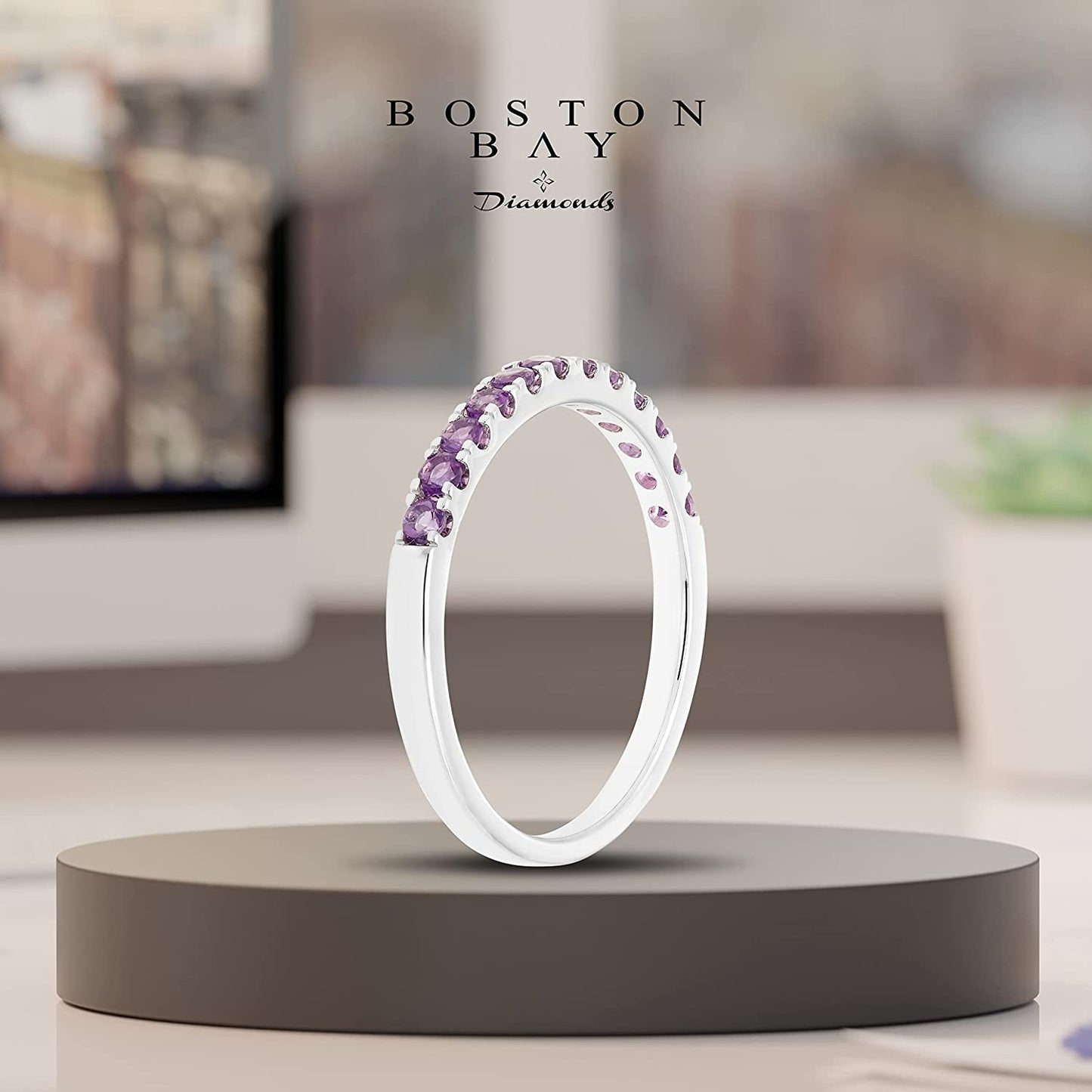 10K White Gold Genuine Amethyst Birthstone Stacking Ring