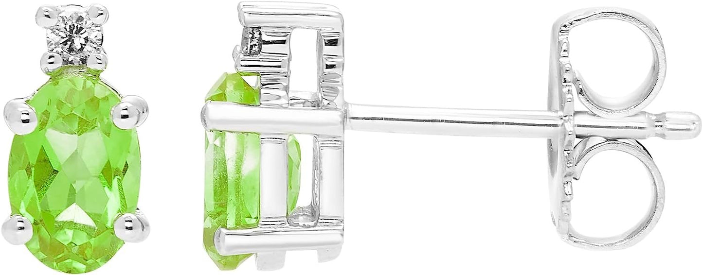 Peridot Oval Cut & Diamond Accented Stud Earrings in .925 Sterling Silver