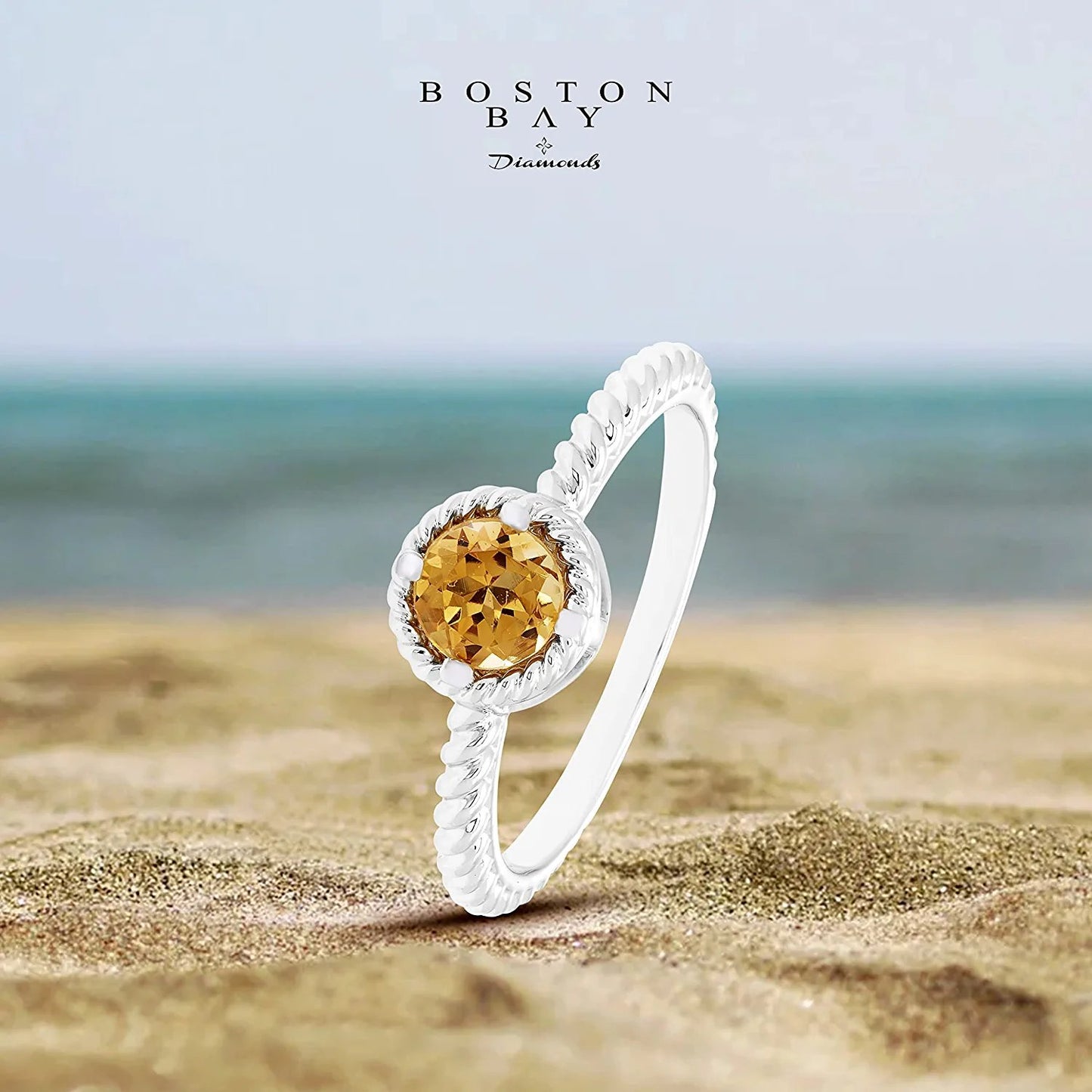 11 November - Solitaire Genuine Citrine Gemstone Rope Halo Solitaire Stacking Ring in Sterling Silver