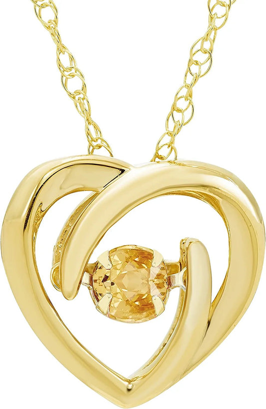 Genuine Citrine Dancing Gemstone Heart Pendant in 14K Yellow Gold Sterling Silver