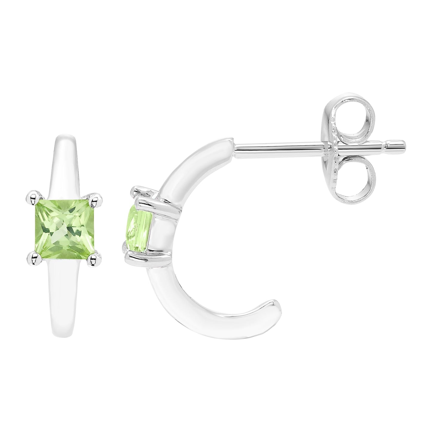 Peridot Princess Cut Half Hoop August Birthstone Earrings in .925 Sterling Silver