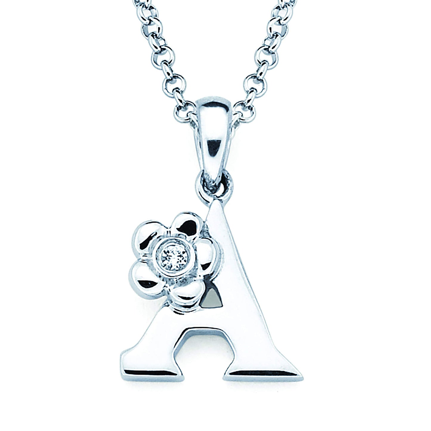 Sterling Silver Diamond Accent Floral Initial Pendant with 14" Rolo Chain & 2" Ext, Choice of Letter