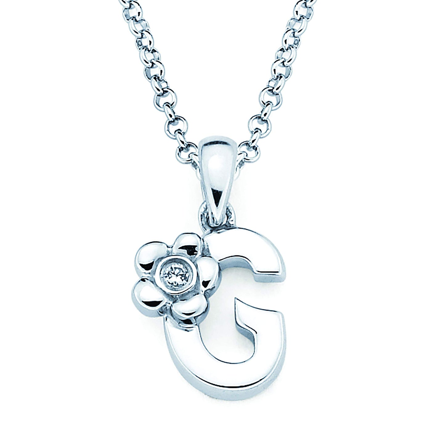 Sterling Silver Diamond Accent Floral Initial Pendant with 14" Rolo Chain & 2" Ext, Choice of Letter