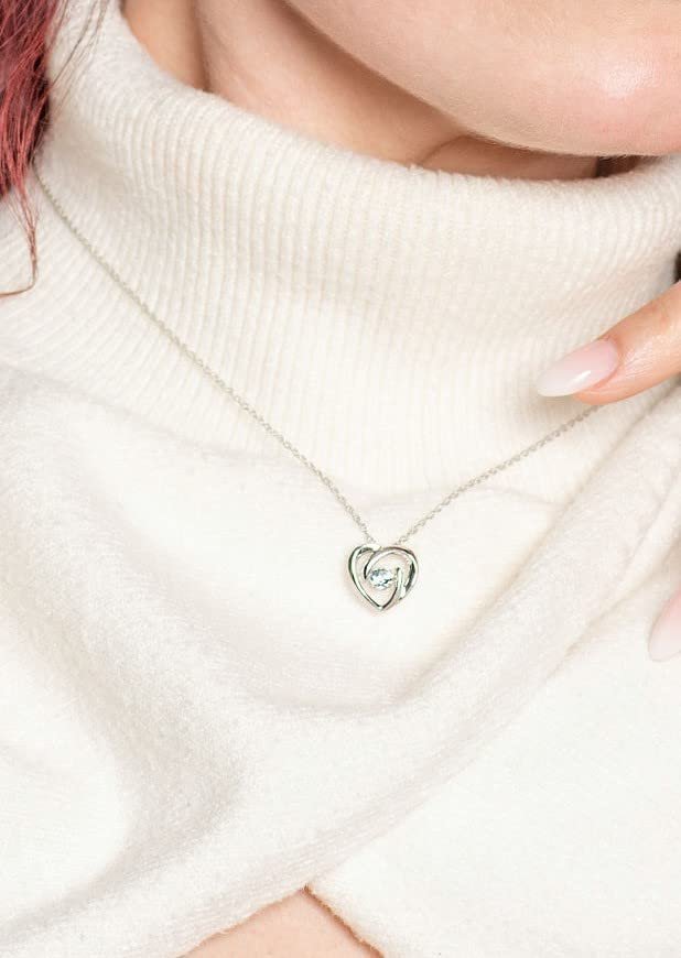 Genuine Aquamarine Dancing Gemstone Heart Pendant in Sterling Silver