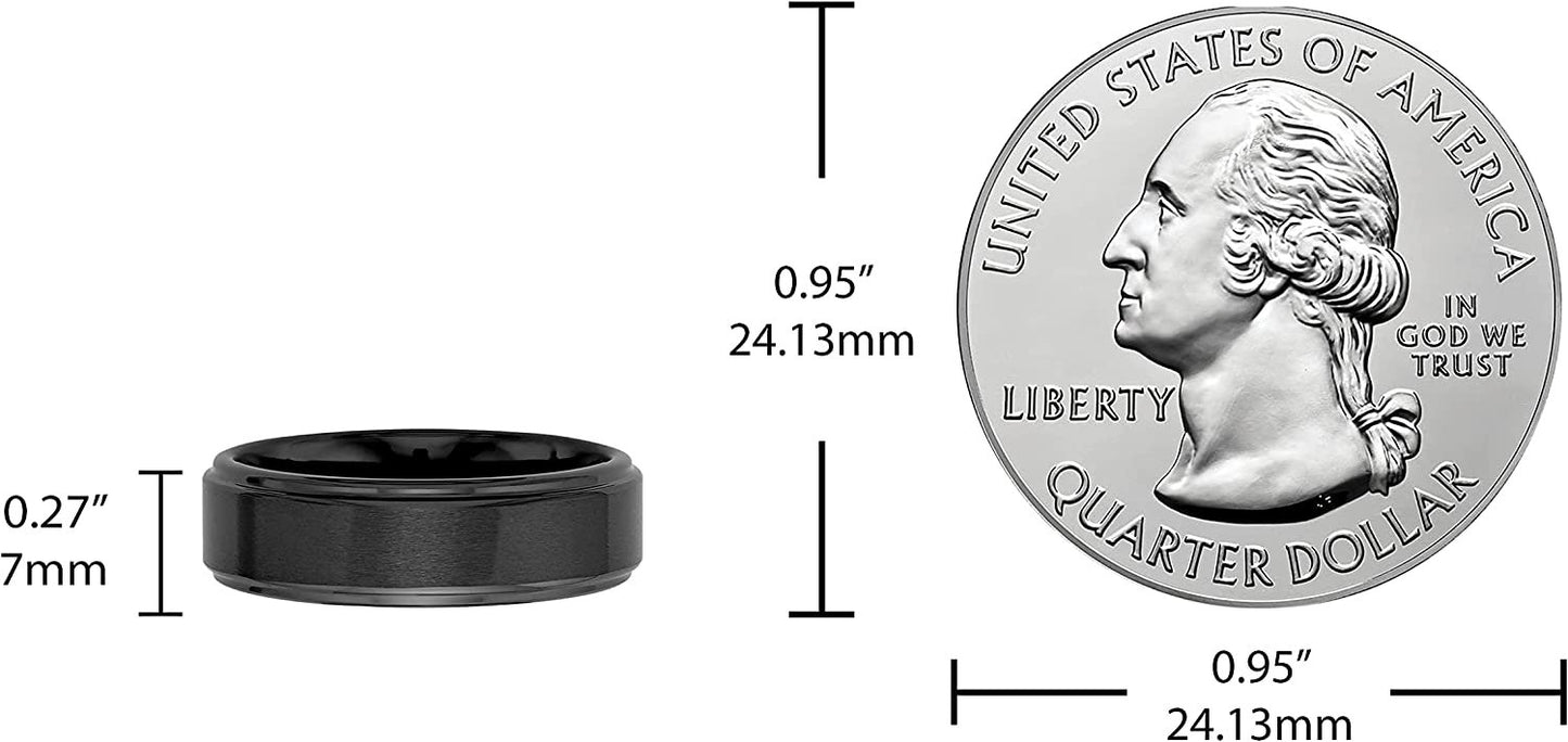 Black Ceramic 7mm Raised Flat Center & Stepped Edge Fashion or Wedding Band Ring