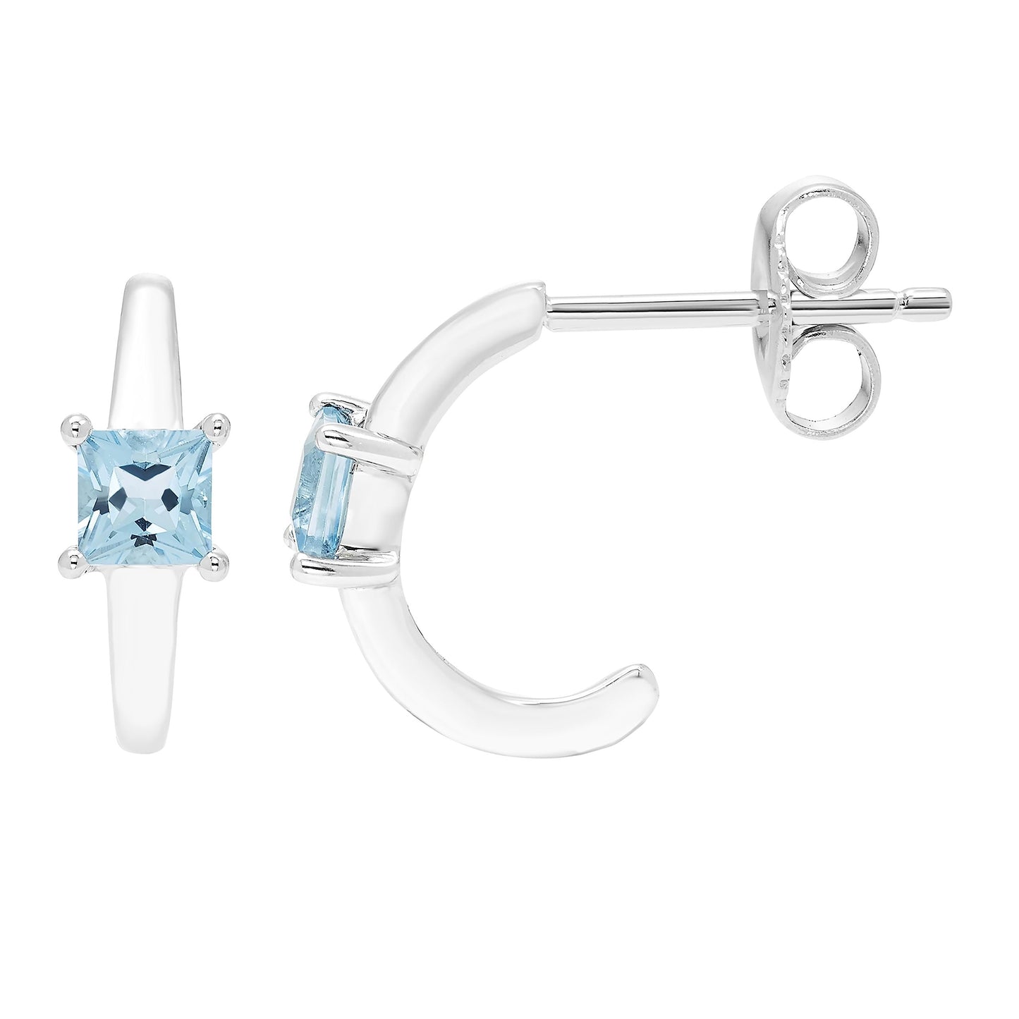 Blue Topaz Princess Cut Half Hoop December Birthstone Earrings in .925 Sterling Silver
